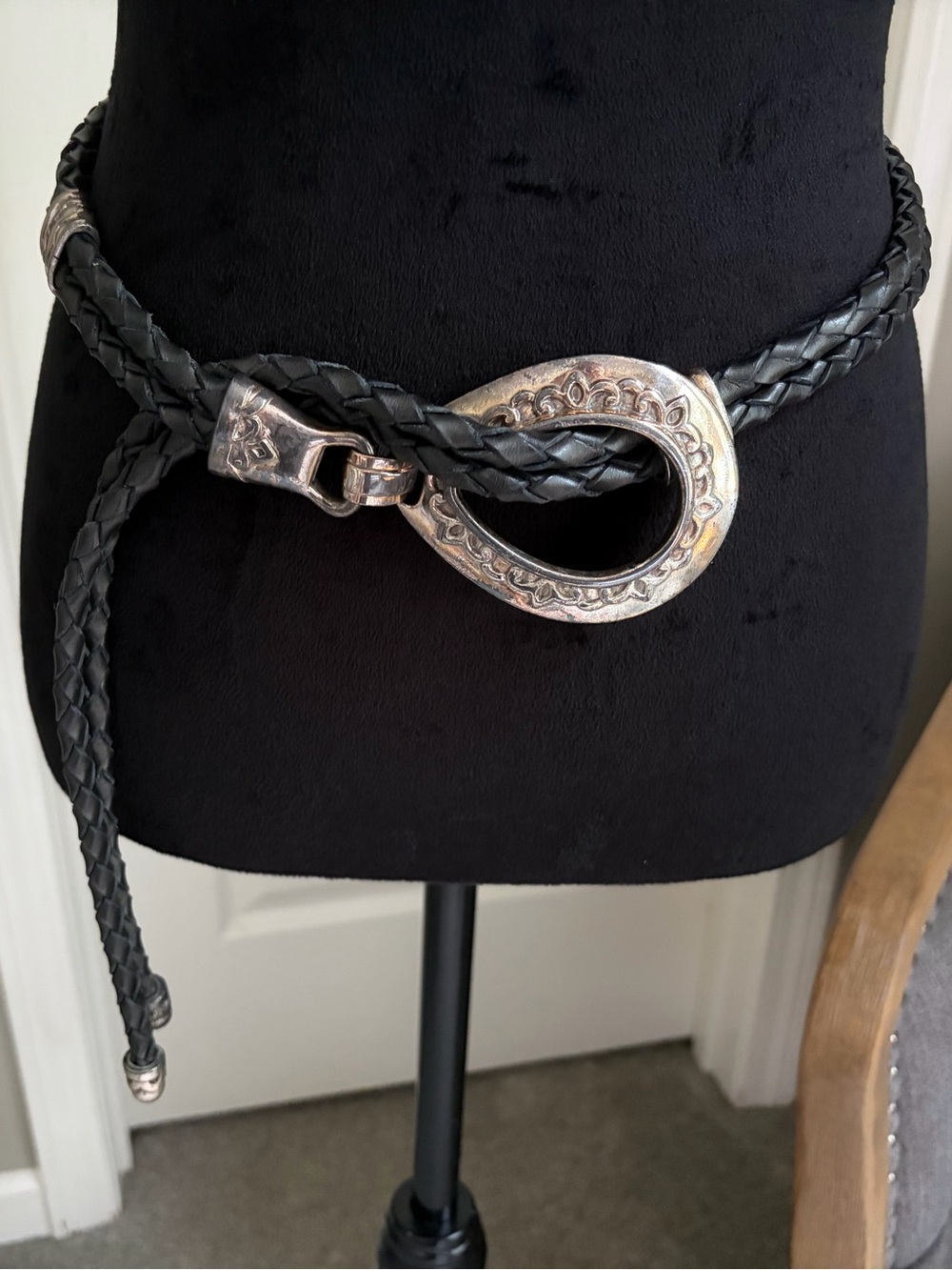 Black Braided Leather Belt with Silver Decorative Buckle